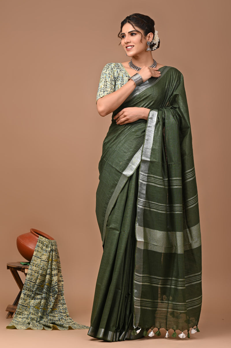 Hand Block Print Linen Saree with Blouse .