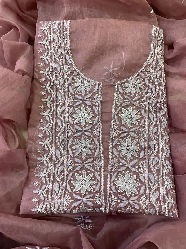 Pure Organza Chikankari Hand Work Unstitched Suit with Pearl Work