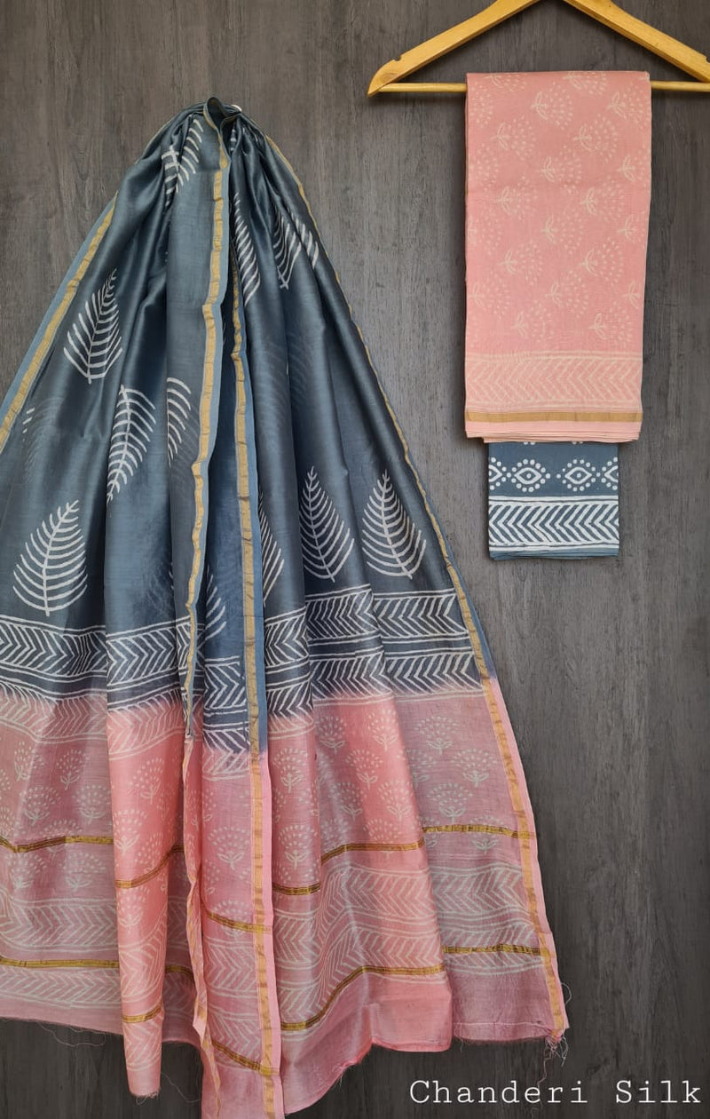 Pure Hand Block Chanderi Silk Unstitched Suit.