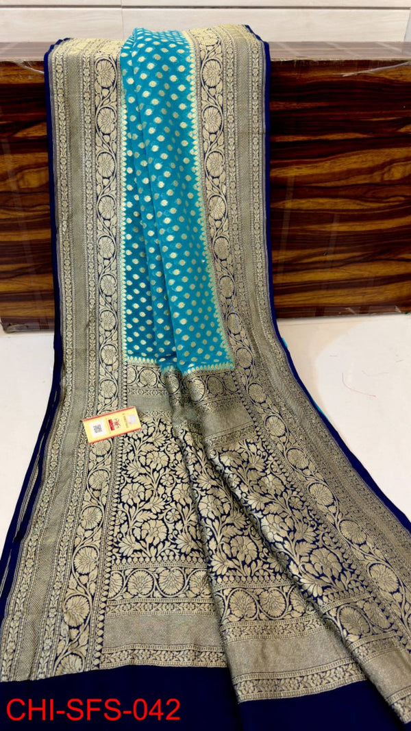 Pure Banarasi Handloom Khaddi Georgette Silk Saree With Beautiful Antique Zari Work