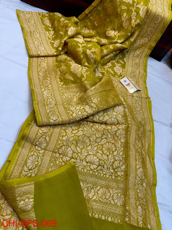 Pure Banarasi Handloom Khaddi Georgette Silk Saree With Beautiful Antique Zari Work