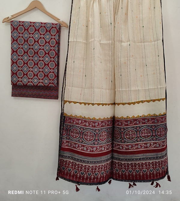 Pure Cotton Azrakh Print Unstitched suit With Patch Work Dupatta.