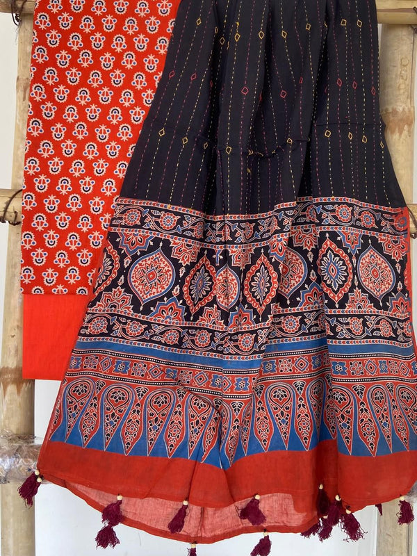 Pure Cotton Azrakh Print Unstitched suit With Hand kantha Work Dupatta .