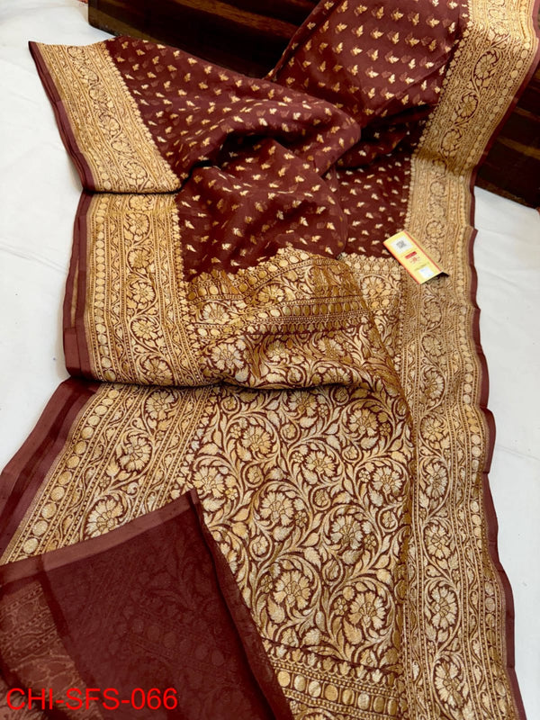 Pure Banarasi Handloom Khaddi Georgette Silk Saree With Beautiful Antique Zari Work