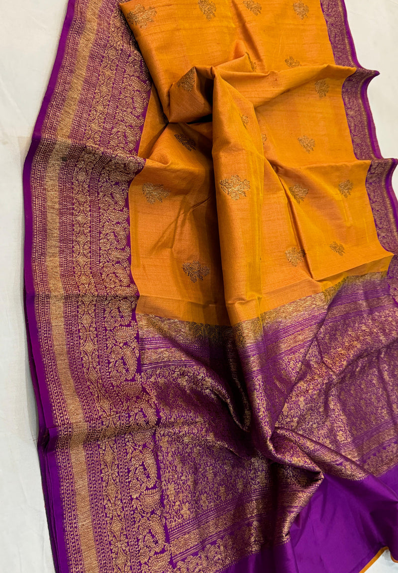 Handwoven Pure Banarasi Tussar Silk Saree With Antique Zari Work.