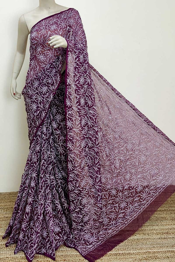 Pure Chiffon Georgette Handwork Chikenkari Tepchi Jaal Work Saree.