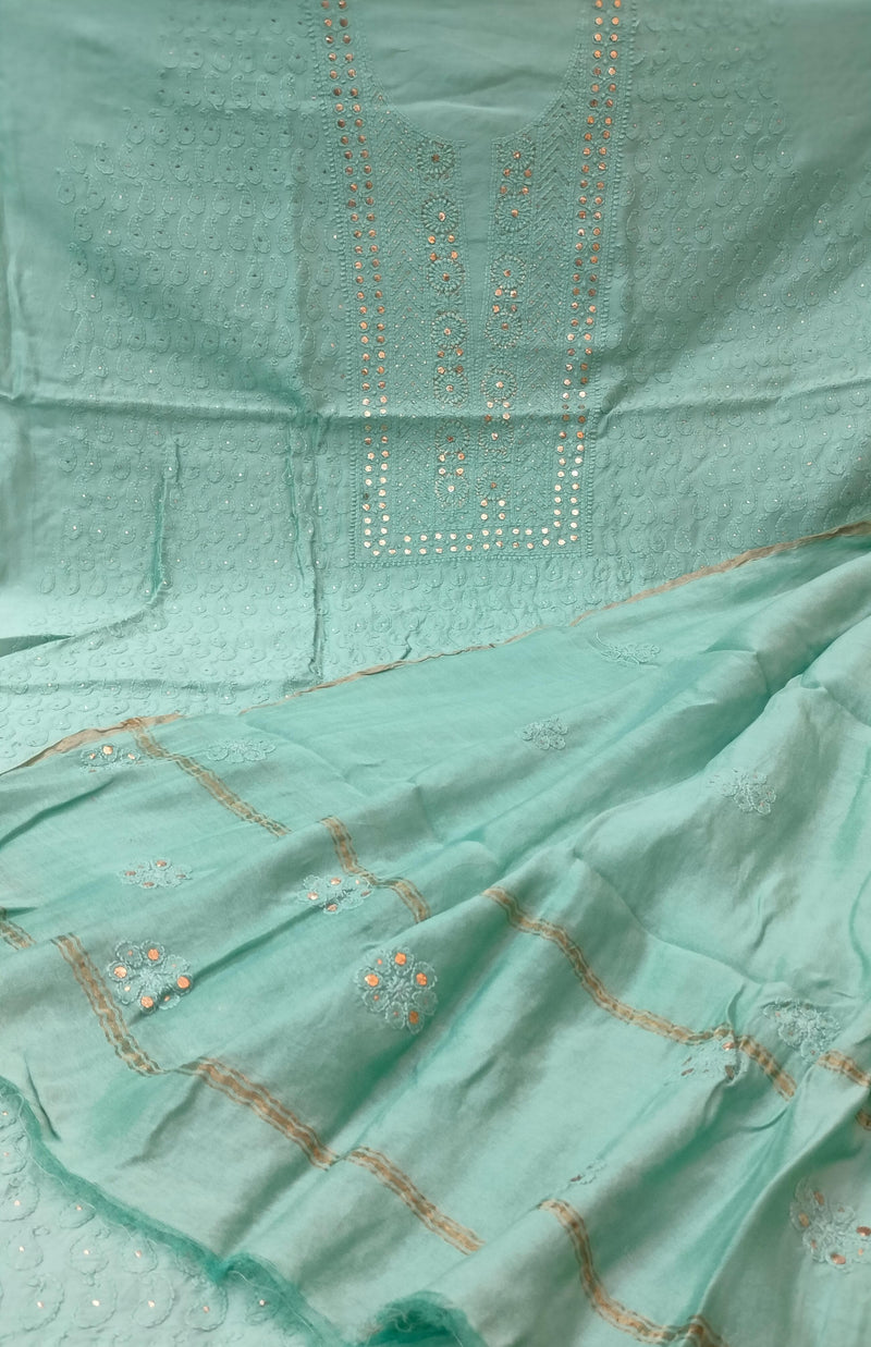 Pure Chanderi Silk 70grm Chikankari And Mukaish Work Unstitched Suit .