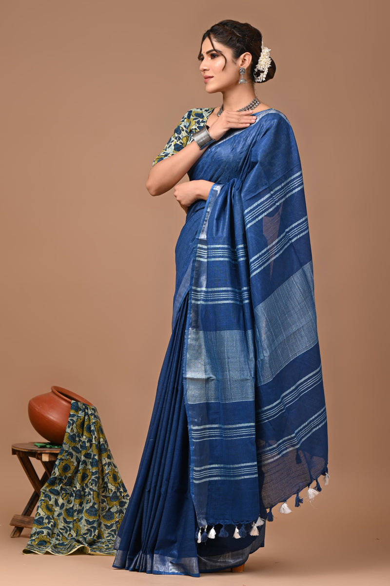 Hand Block Print Linen Saree with Blouse .