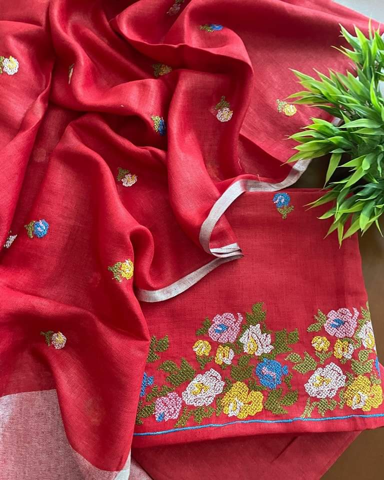 Bhagalpuri Cotton Linen Embroidery Unstitched suit.