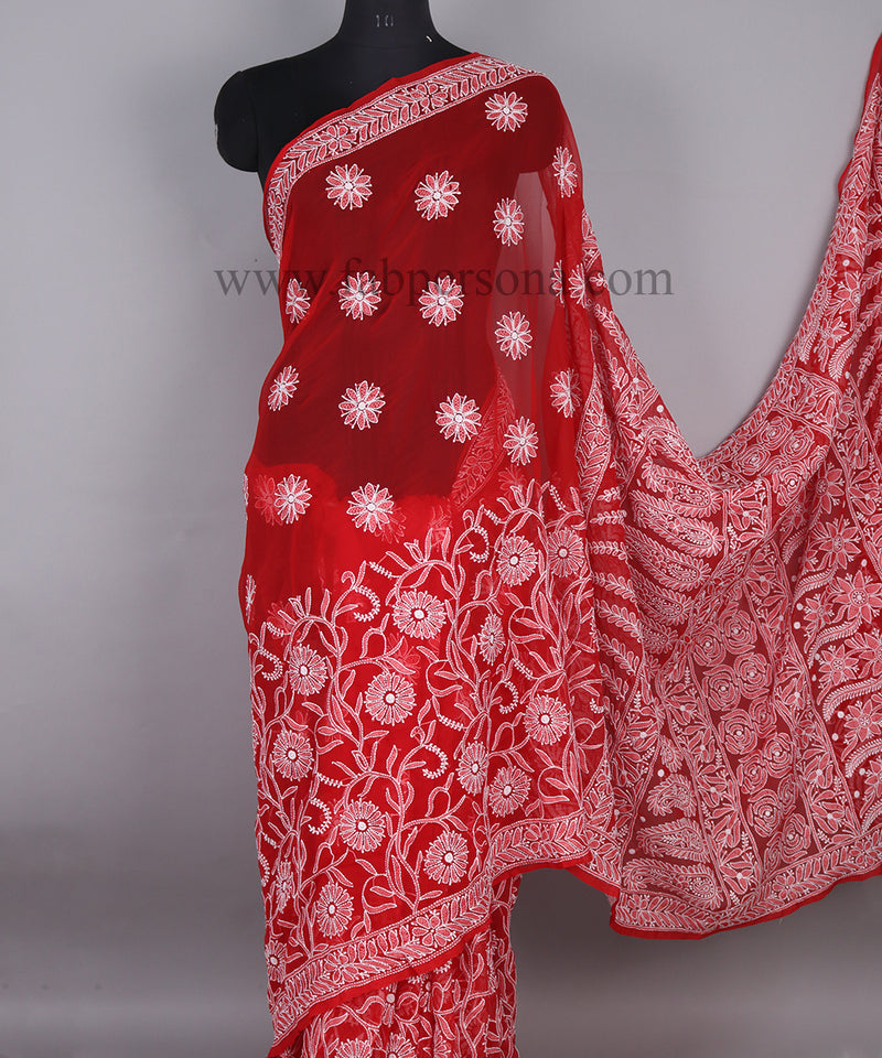 Pure Chiffon Georgette Chikankari Hand Embroidery Saree with Blouse.