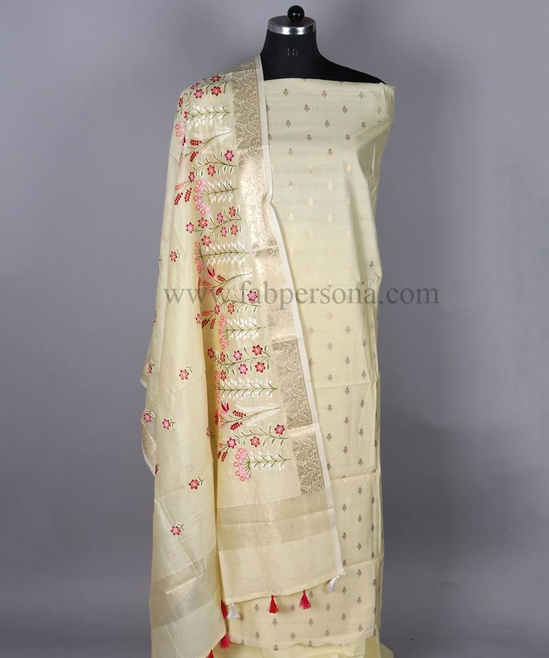 Fabpersona's Exclusive Pure Banarasi Chanderi Resham Silk Zari Woven Unstitched Suit With Chanderi Embroidery Dupatta