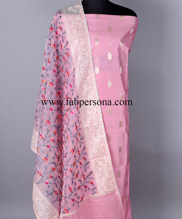 Pure Banarasi Resham Chanderi Silk Zari Weaved Suit With Organza Silk Embroidery Dupatta