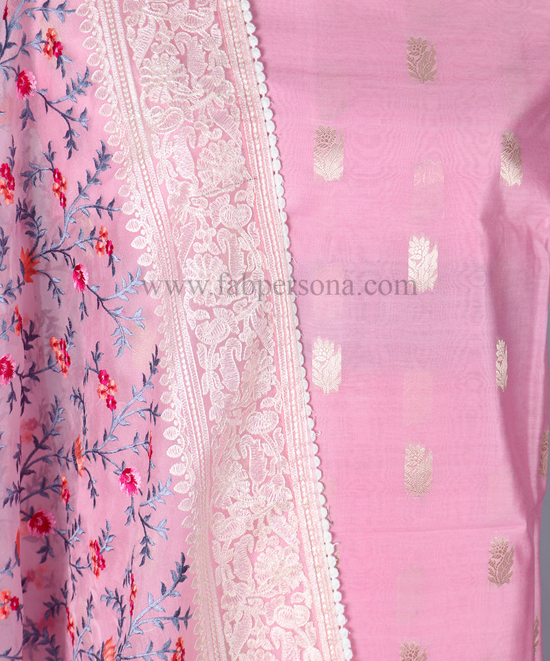 Pure Banarasi Resham Chanderi Silk Zari Weaved Suit With Organza Silk Embroidery Dupatta