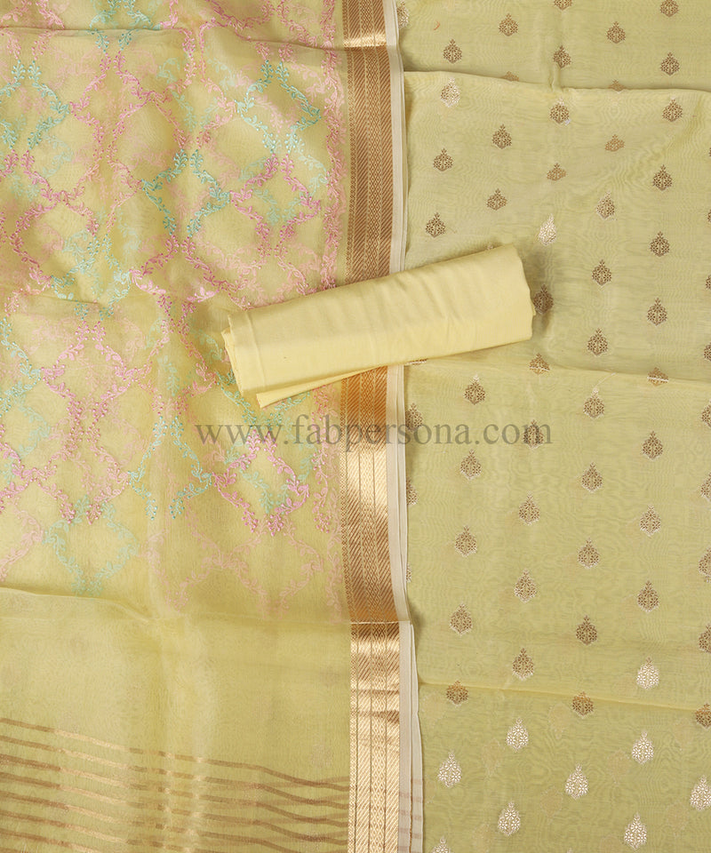 Pure Banarasi Chanderi Silk Zari Booti Unstitched Suit With Organza Silk Chikan Work Dupatta.