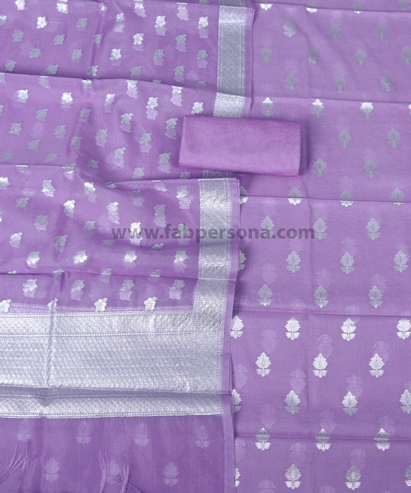 Pure Banarasi Chanderi Silk Cotton Zari Buti Weaved Unstitched Suit With Organza Dupatta