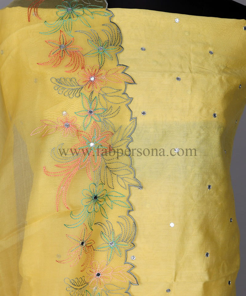 Pure Banarasi Chanderi Silk Mirror Work Unstitched Suit With Organza Silk Dupatta.