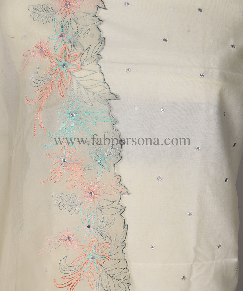 Pure Banarasi Chanderi Silk Mirror Work Unstitched Suit With Organza Silk Dupatta.