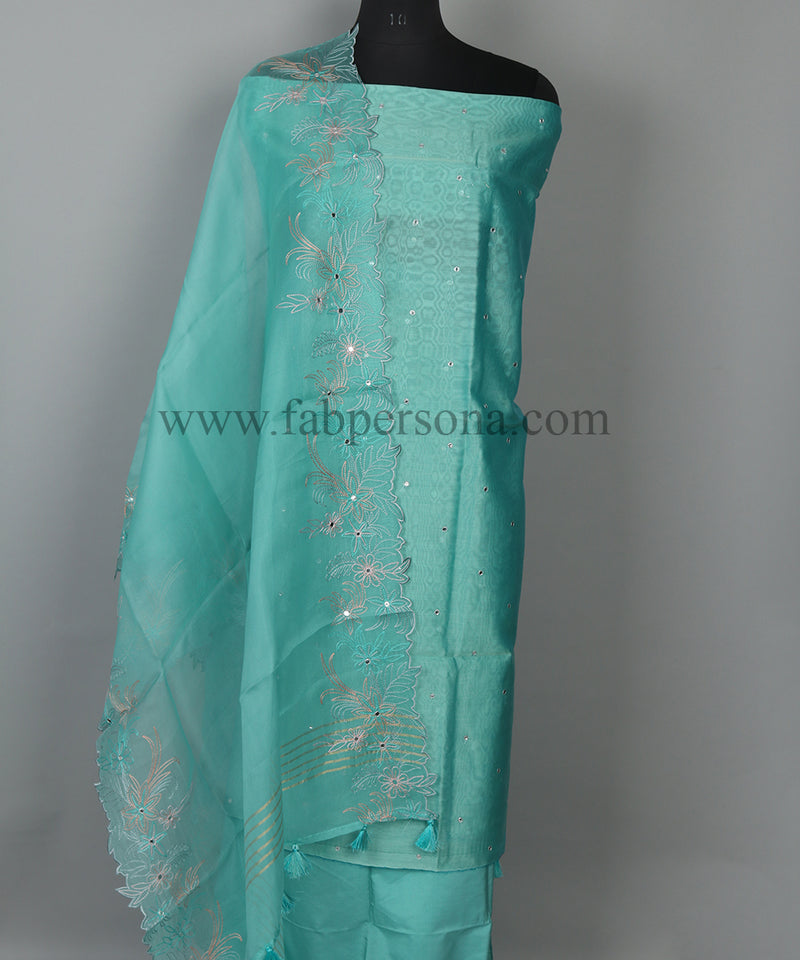 Pure Banarasi Chanderi Silk Mirror Work Unstitched Suit With Organza Silk Dupatta.