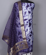 Pure Banarasi Chanderi Silk Shibori Print Unstitched Suit With Organza Zari Buti Dupatta.