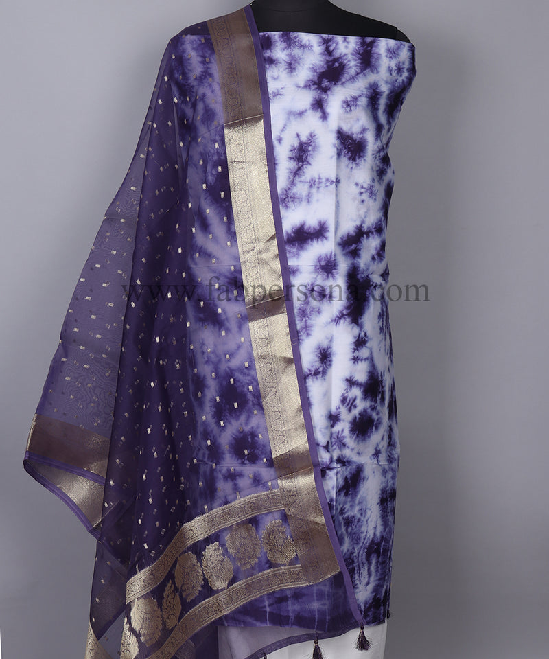 Pure Banarasi Chanderi Silk Shibori Print Unstitched Suit With Organza Zari Buti Dupatta.