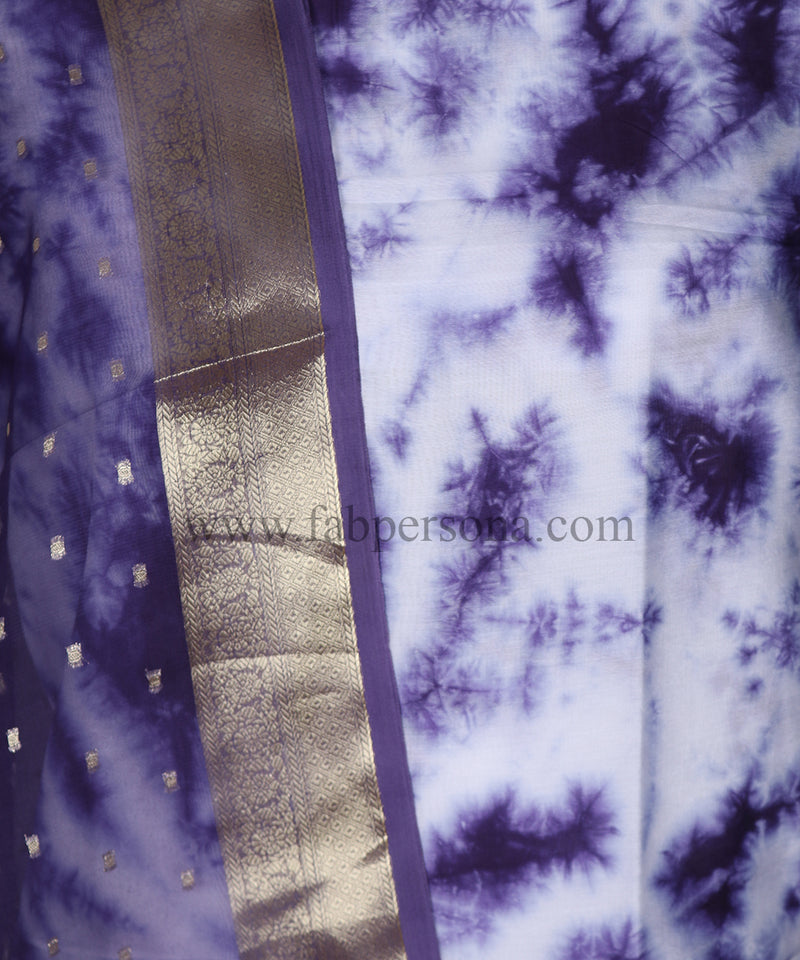 Pure Banarasi Chanderi Silk Shibori Print Unstitched Suit With Organza Zari Buti Dupatta.