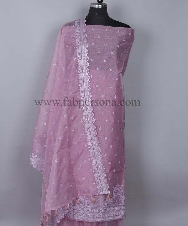 Pure Banarsi Organza Chikankari Daaman Buti Embroidery Unstitched Suit With Organza Chikankari Embroidery Dupatta.