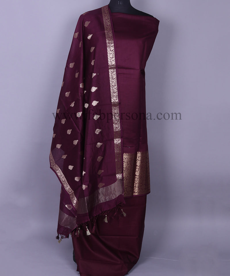 Wine Color Pure Resham Chanderi  Banarasi  Silk Unstitched Suit With Dupatta