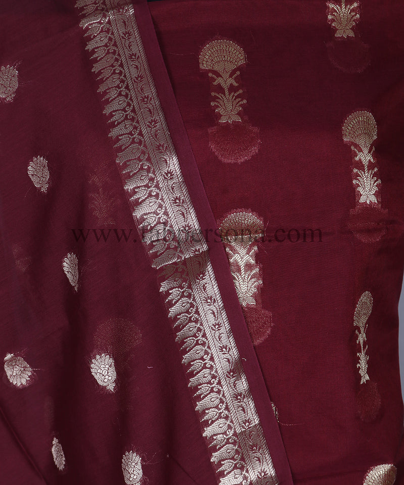 Pure Mercerised Chanderi Almond Zari Buti Weaved Unstitched Suit With Mercerised Buti Dupatta