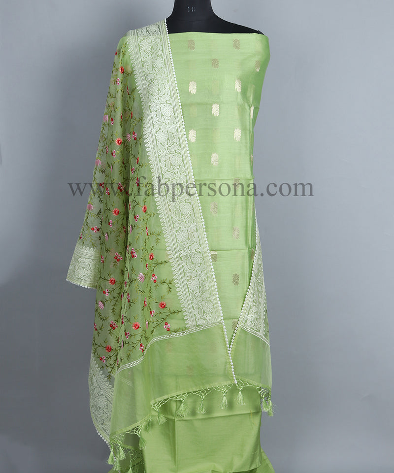 Pure Banarasi Resham Chanderi Silk Zari Weaved Suit With Organza Silk Embroidery Dupatta