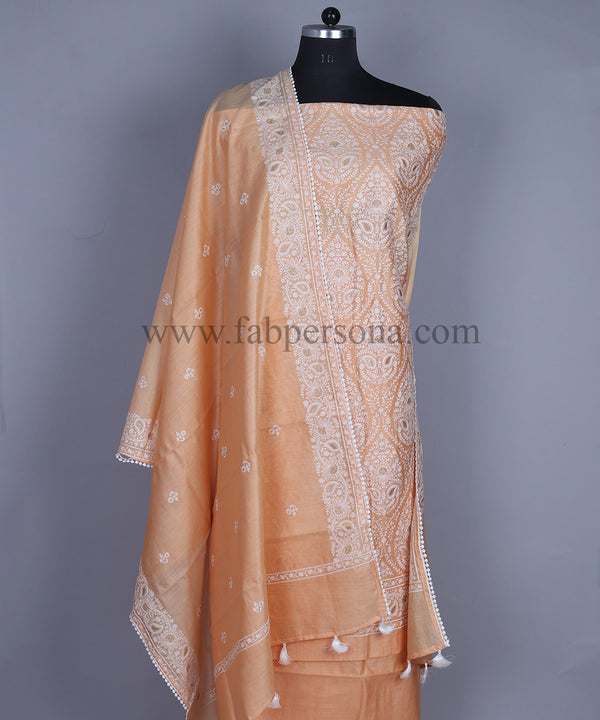 Pure Banarasi Rasham Chanderi Resham Weaved Unstitched Suit With Pure Resham Chanderi Resham Weaved Dupatta.