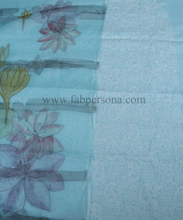 Pure Cotton Chikankari Work unstitched Suit With Pichwai Print Organza Dupatta.( Without Bottom)