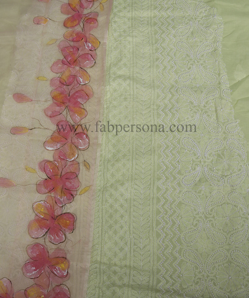 Pure Cotton Chikankari Work unstitched Suit With Pichwai Print Organza Dupatta.( Without Bottom)