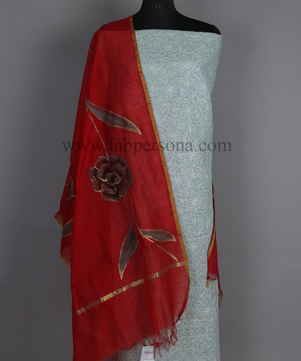 Pure Cotton Chikankari Work unstitched Suit With Pichwai Print Organza Dupatta.( Without Bottom)