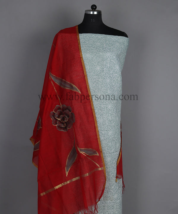 Pure Cotton Chikankari Work unstitched Suit With Pichwai Print Organza Dupatta.( Without Bottom)