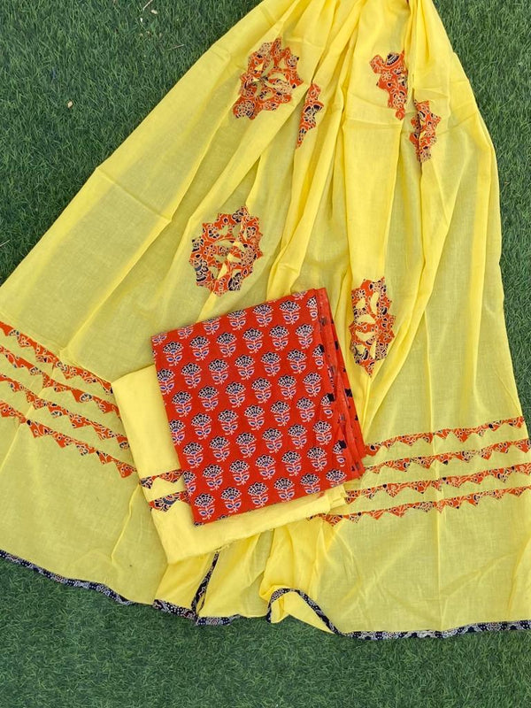 Pure Cotton Azrak Print Unstitched Suit With Cotton Applique Work Dupatta.