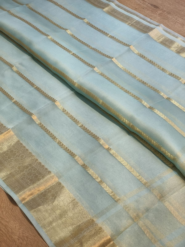 Turquoise Color Pure Kora Silk Saree with Banarasi Border and Stripe Zari Work