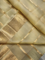 Beige Color Pure Kora Silk Saree with Banarasi Border and Stripe Zari Work