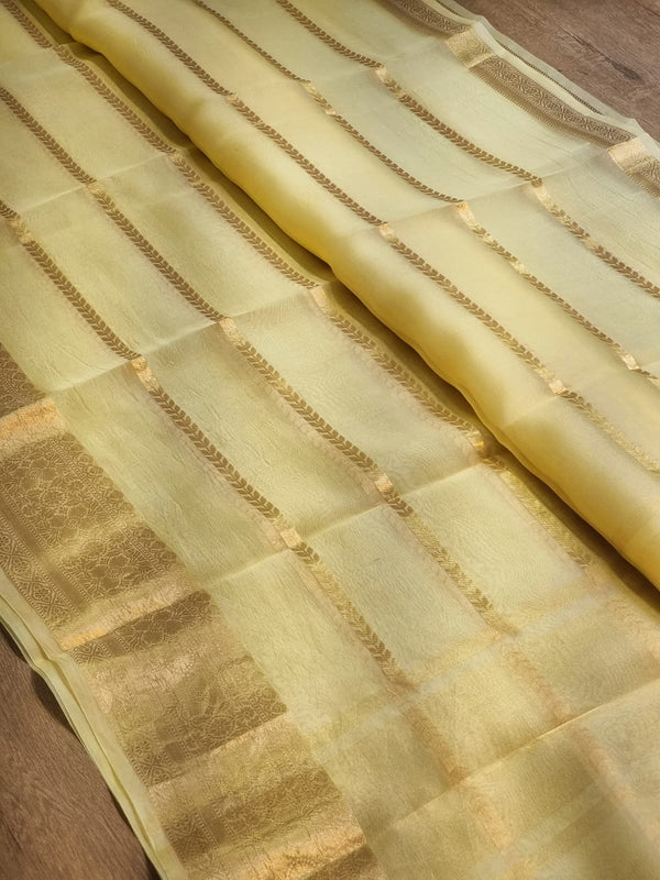 Beige Color Pure Kora Silk Saree with Banarasi Border and Stripe Zari Work