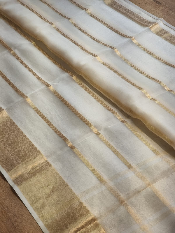 Pure Kora Silk Saree with Banarasi Border and Stripe Zari Work