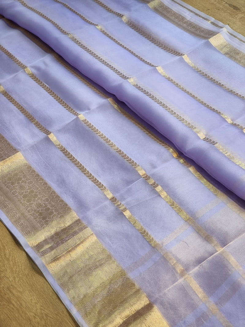 Pure Kora Silk Saree with Banarasi Border and Stripe Zari Work