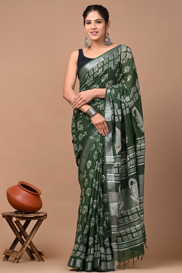Shades Of Blue Floral Printed linen Saree with Zari Border – Ethnos