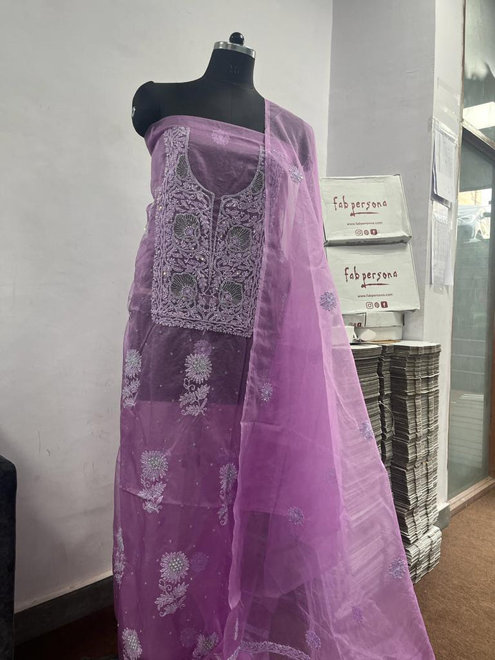 Pure Organza Chikankari Hand Work With Moti Work Unstitched Suit