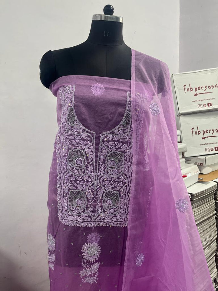 Pure Organza Chikankari Hand Work With Moti Work Unstitched Suit