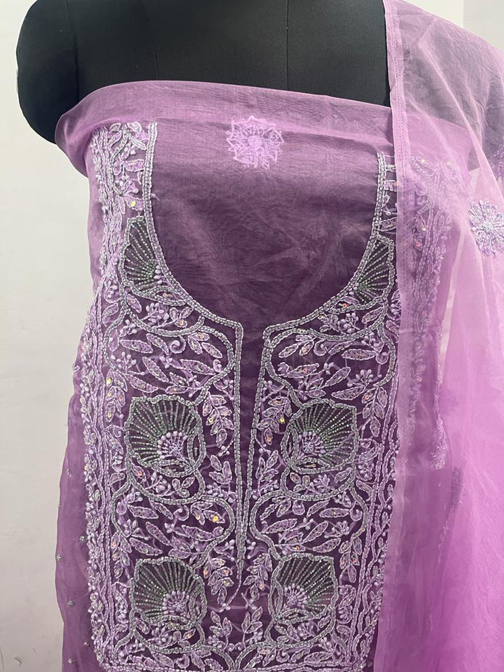 Pure Organza Chikankari Hand Work With Moti Work Unstitched Suit