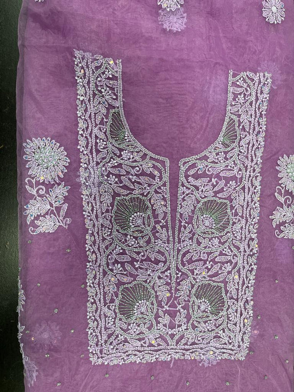 Pure Organza Chikankari Hand Work With Moti Work Unstitched Suit