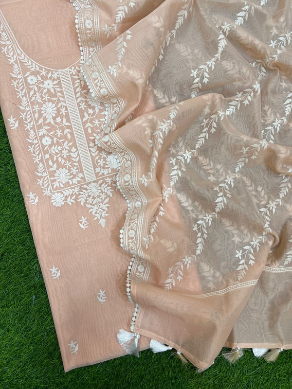 Beautiful pure banarasi chanderi unstitched suit with neck embroidery and Chanderi silk dupatta