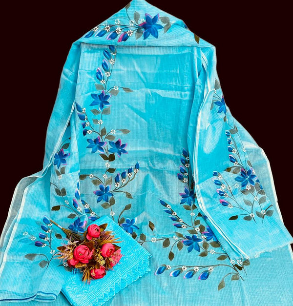 Pure Kota Doria Hand painted Work Unstitched Suits With Chikankari Bottom .