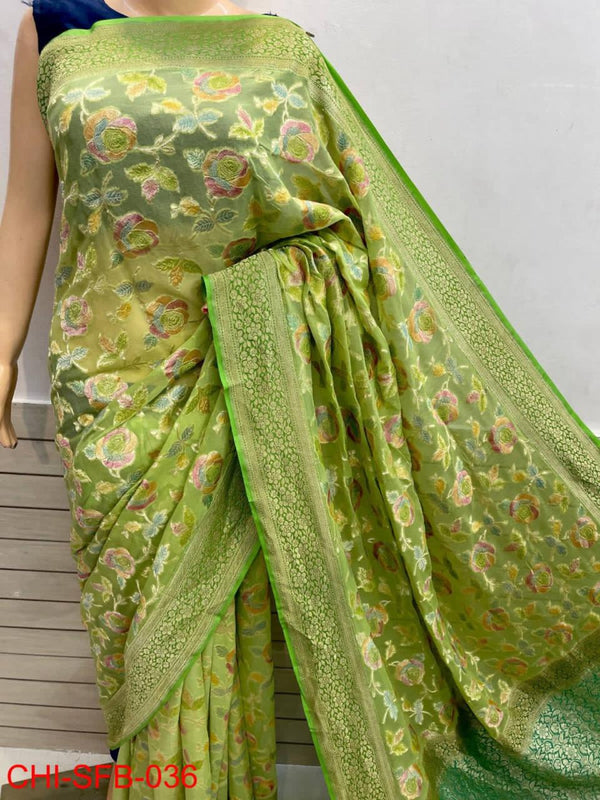 Pure Banarasi Handwoven Khaddi Georgette Silk Saree With Hand Brush Work ( length- 6.3 meter )