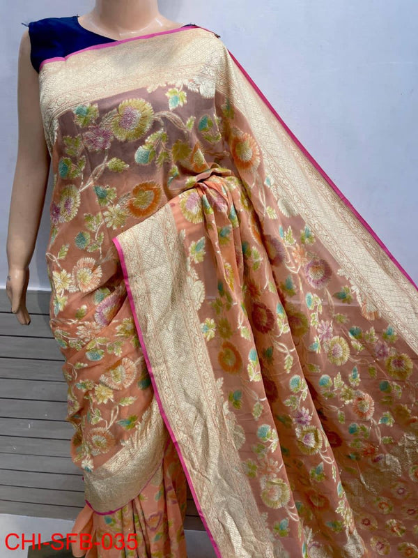 Pure Banarasi Handwoven Khaddi Georgette Silk Saree With Hand Brush Work ( length- 6.3 meter )