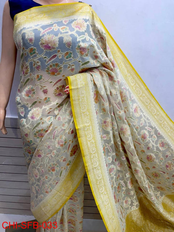 Pure Banarasi Handwoven Khaddi Georgette Silk Saree With Hand Brush Work ( length- 6.3 meter )